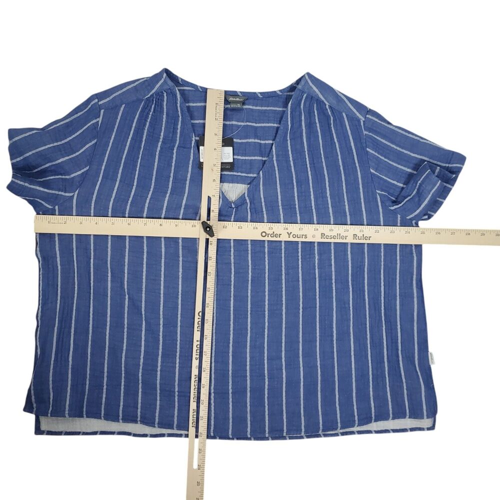 Eddie Bauer Carry On Shirred Short Sleeve Shirt XL Bluebird Boxy Relaxed Fit NEW - Picture 12 of 14
